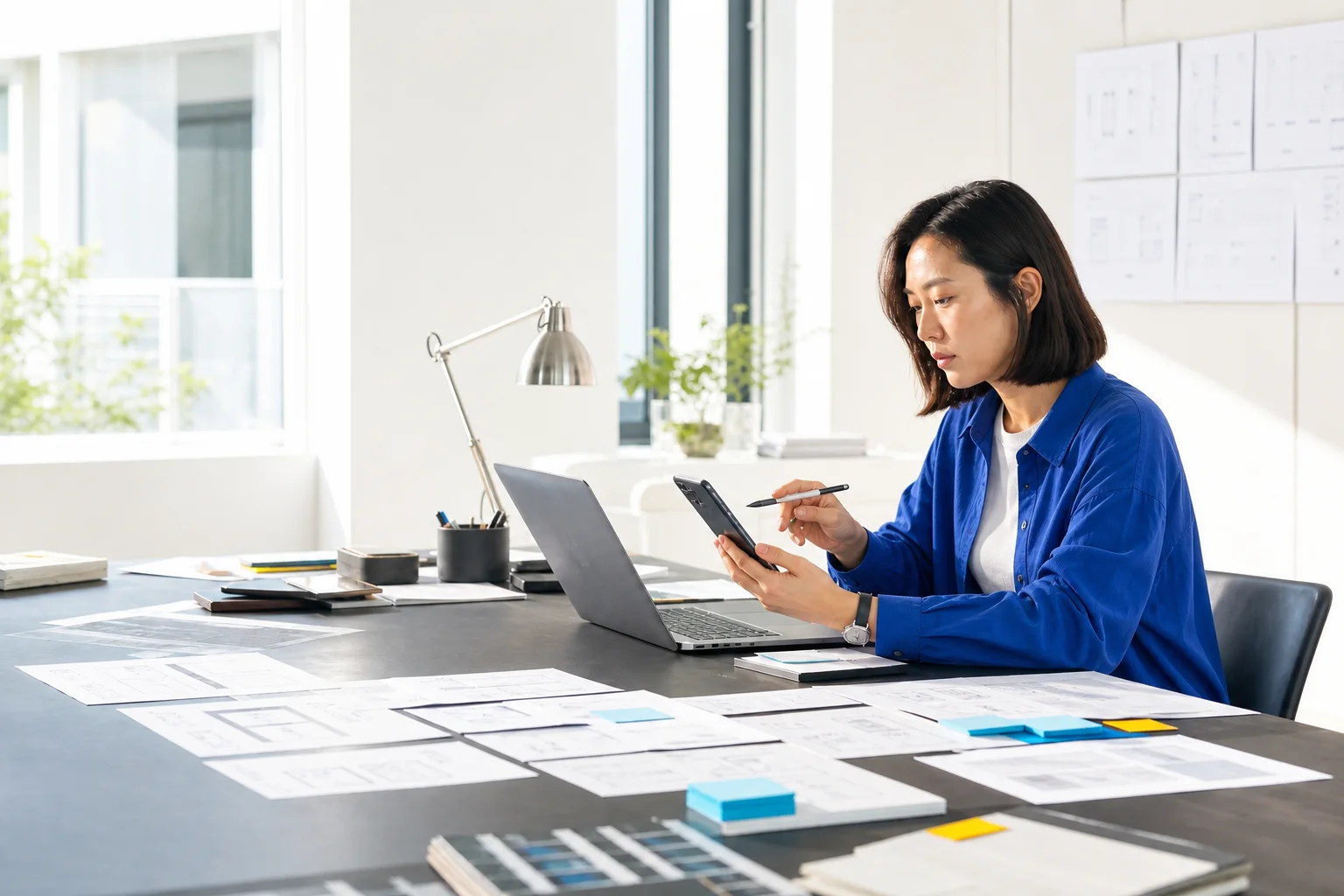 Korean product lead reviewing a mobile prototype at a workbench