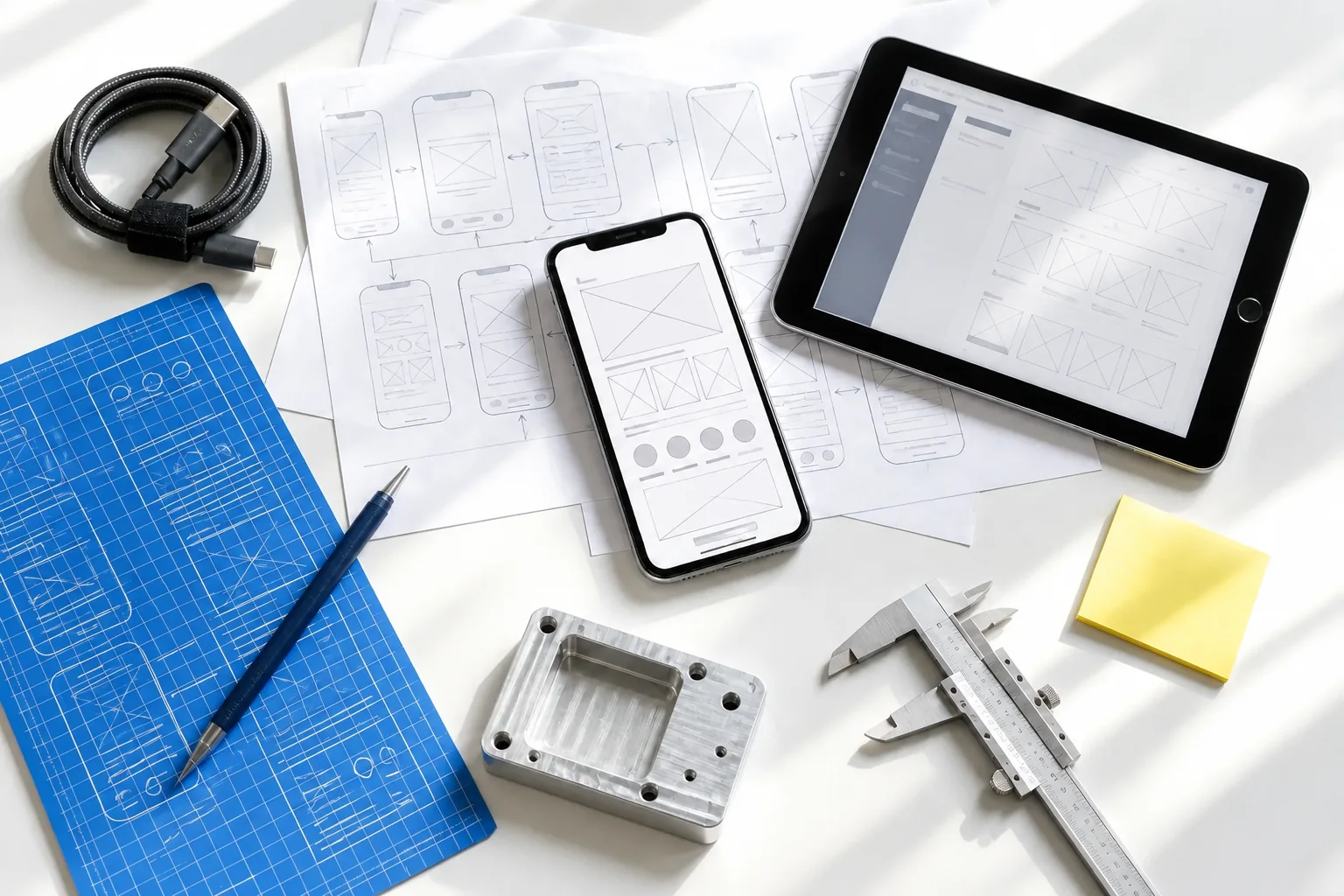 Product workbench with wireframes, devices and measuring tools